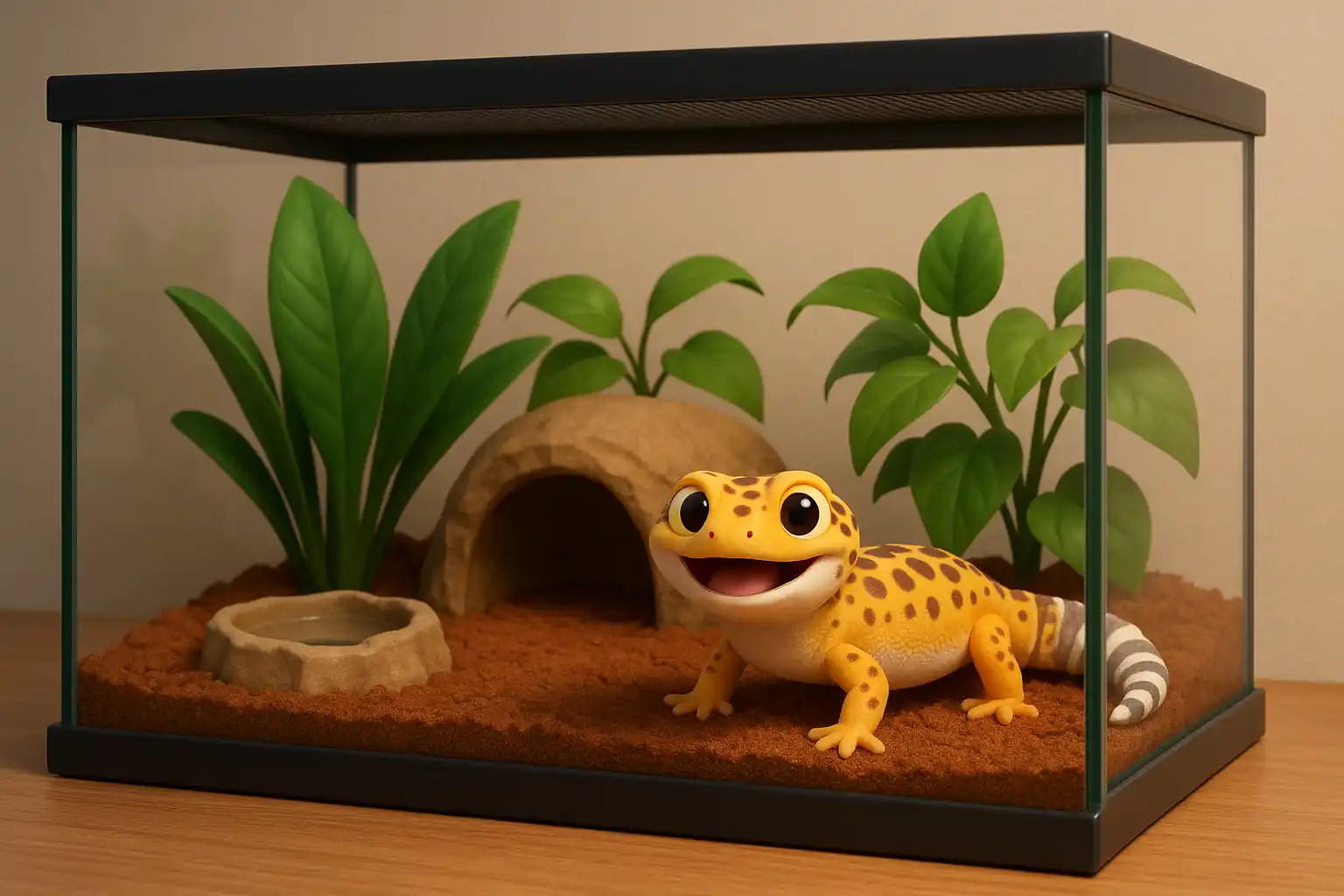 Gecko en un terrario de vidrio