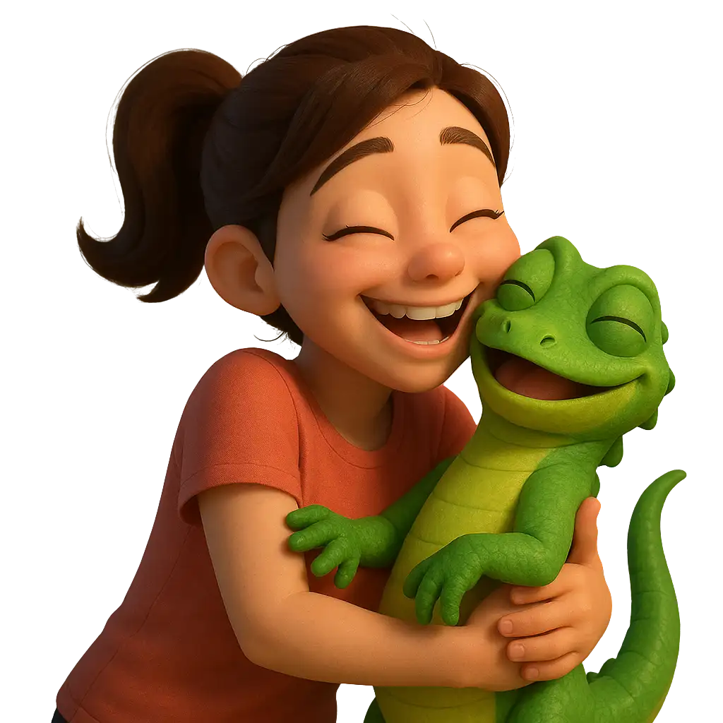 Niña feliz abrazando a su gecko mascota